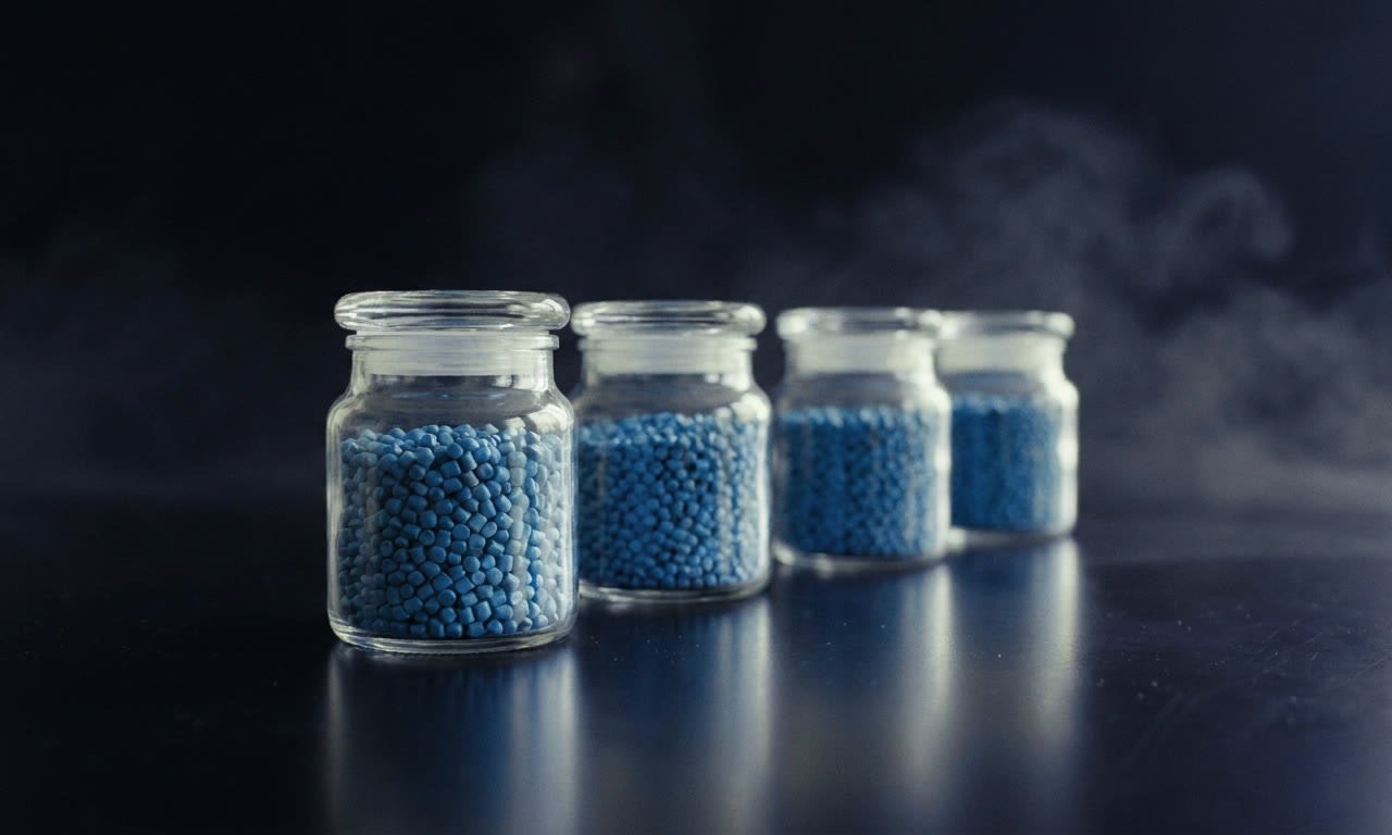 Jars of blue polymer pellets